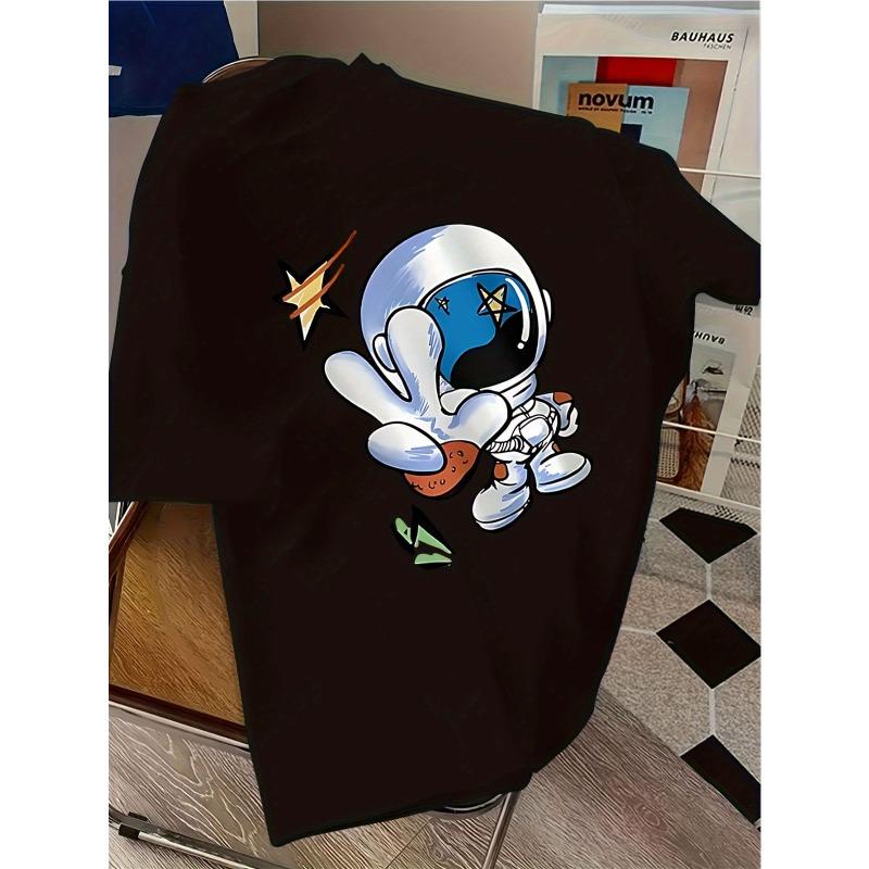 

European sizes Round Neck Cartoon Astronaut Print Short Sleeve T-Shirt, Fashion Casual Loose Style Summer New Arrival 164cm чорний