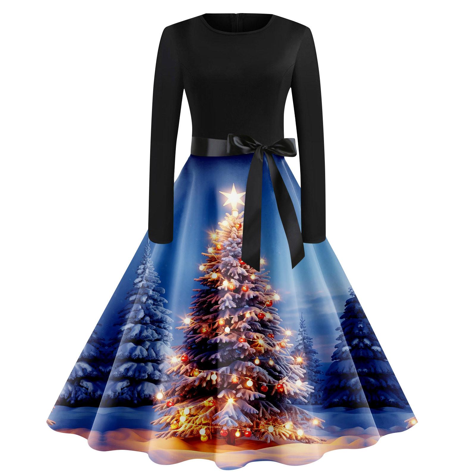 

Женское винтажное классическое платье с воротником на талии и галстуком-бабочкой с длинными рукавами и рождественским принтом, с круглым вырезом, свободное платье S