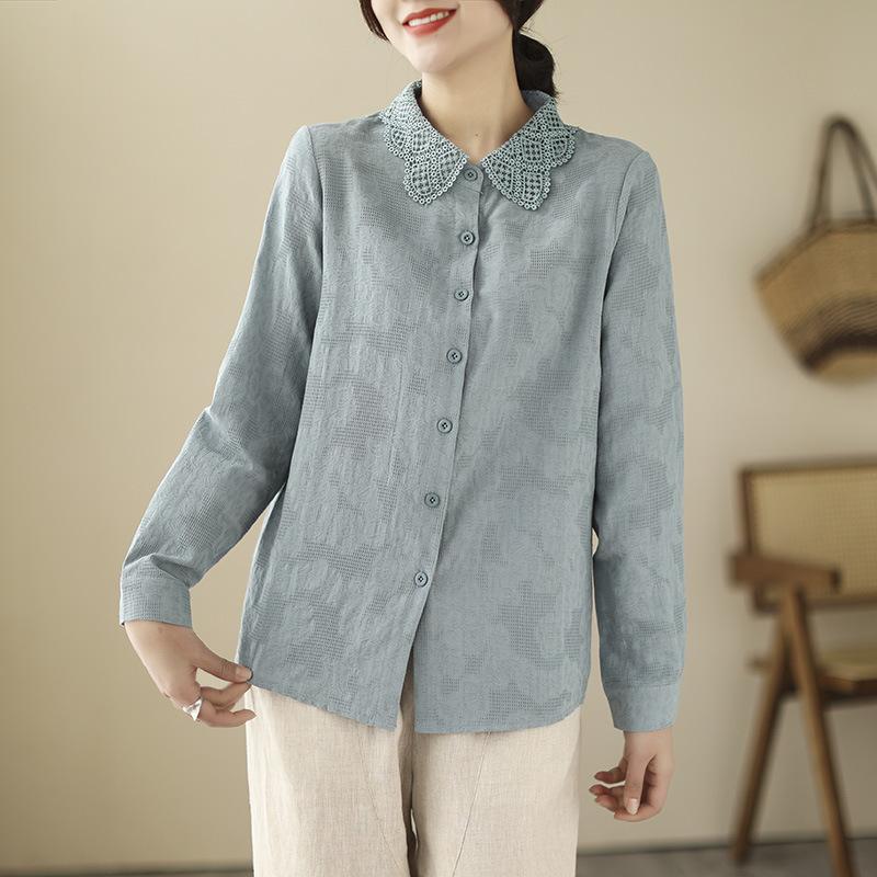 1116 New Jacquard Embroidered Cotton Shirt Women's Foreign Style Cotton Women's Shirt Lace Collar