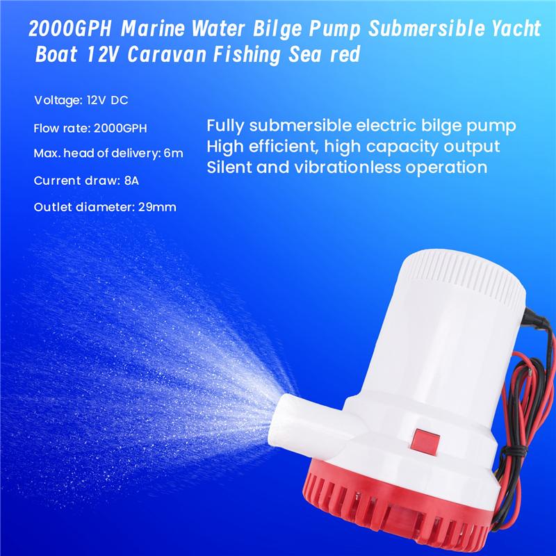 2000 GPH Marine Wasser Bilgenpumpe Tauchpumpe Yacht Boot 12V Wohnwagen Angeln Meer Rot-A87Q