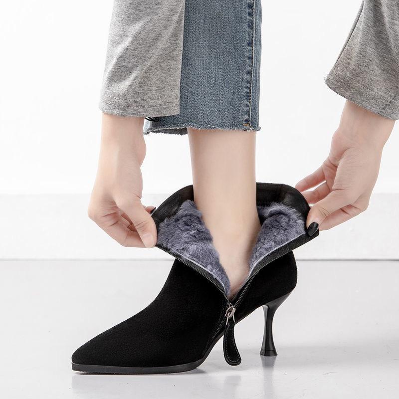 Thin Heel Thick Velvet Women's Boots Winter New Versatile Pointed High Heels Warm Velvet Versatile Martin Boots Women
