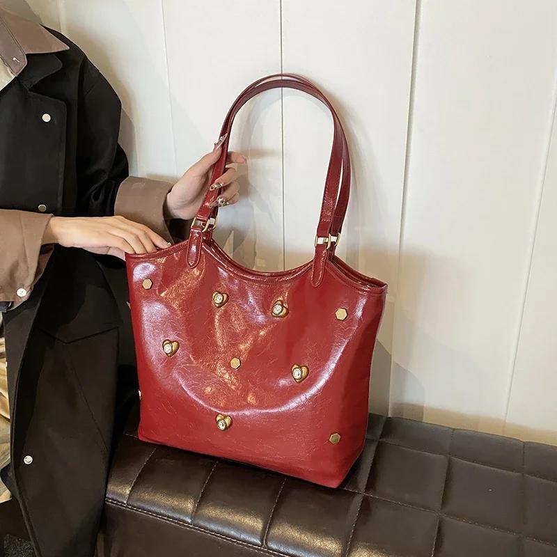 Large Capacity PU Single Women's Shoulder Bags 2026 High Quality Niche Retro Commuting Bag Fashionable Versatile Youth Tote Bag
