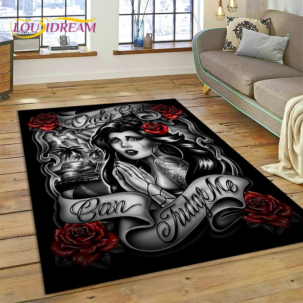 Skull Dead Girl 3D Gothic Horror Female Rose Rug Carpet for Living Room Bedroom Decor,Non-slip Decoration for Sofa Doormat Gift