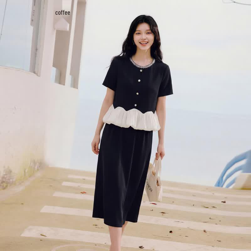Women s French Style Color-block Ruffle Two-Piece Set S