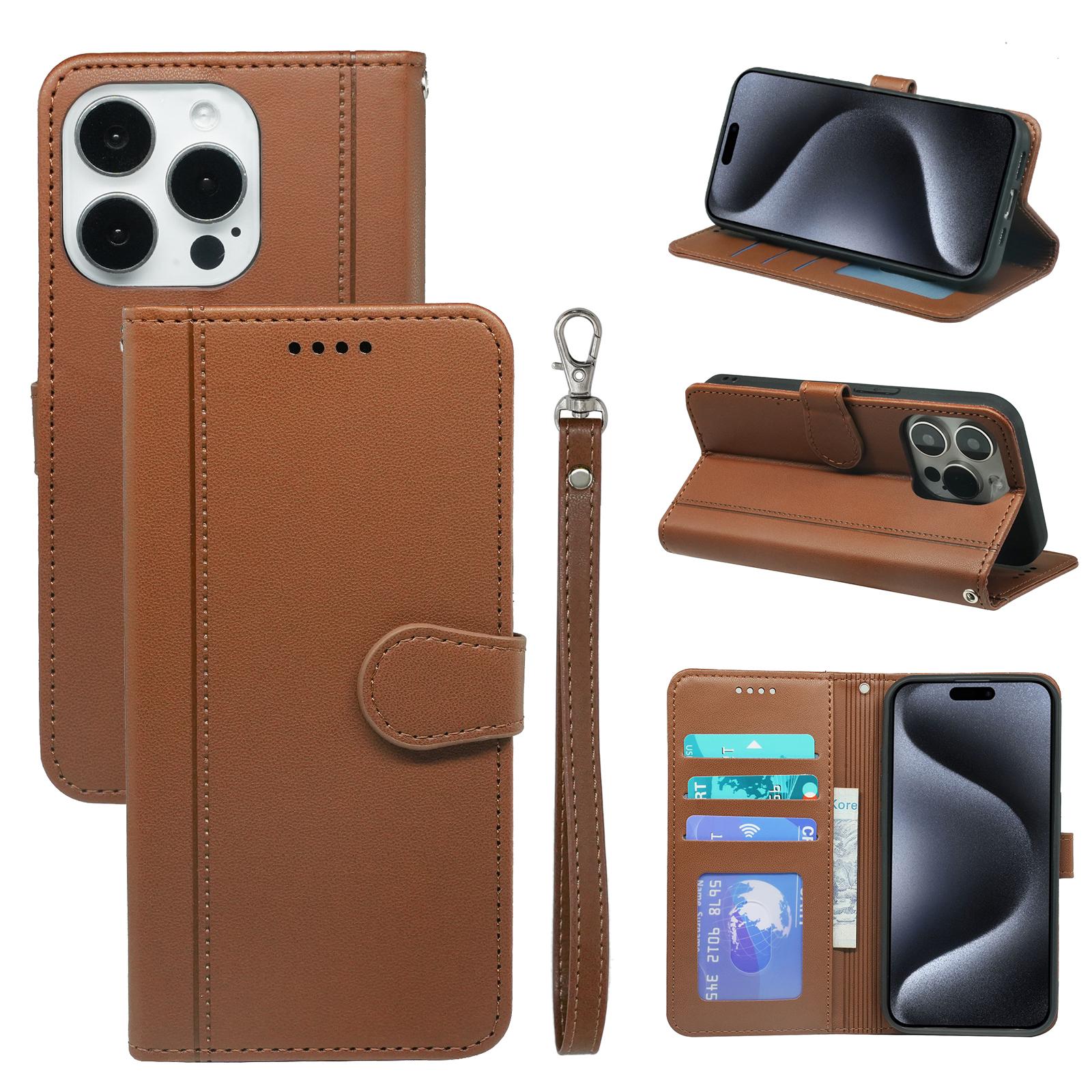 

For iPhone 16 Pro Wallet Case Magnetic Snap Leather Phone Cover with Strap Brown