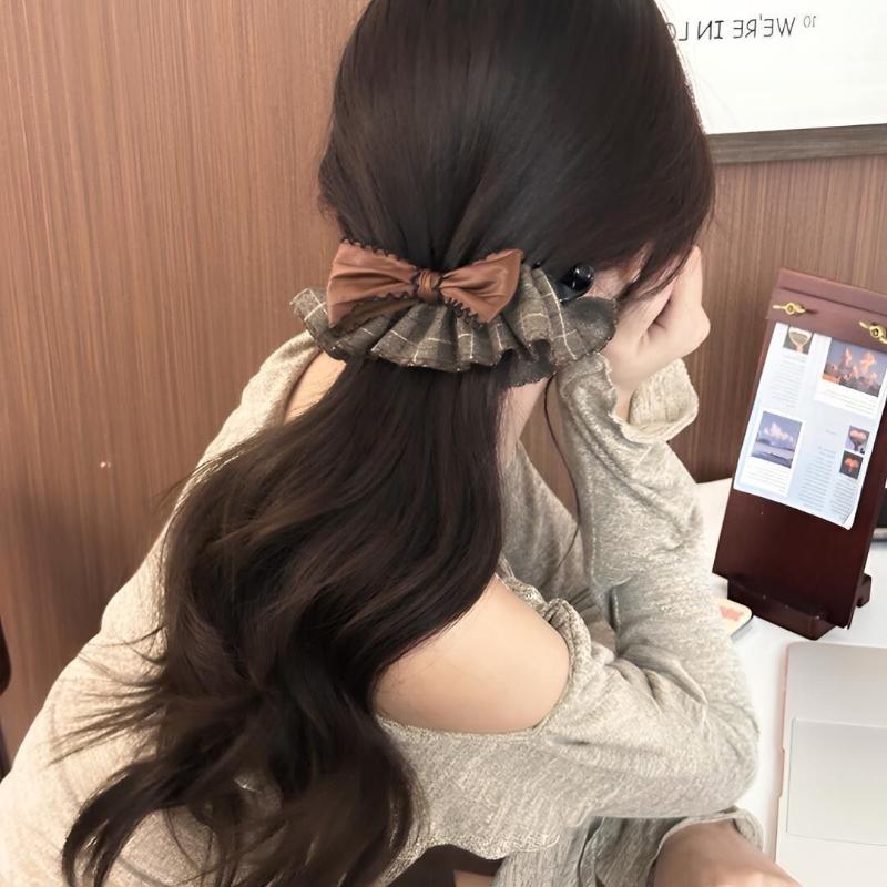 

Vintage Plaid Bow Hair Claw Clips Women S Trendy Hair Accessories Leather Bow Ruffle Design Grid Pattern Banana Clip Headdress кофейный