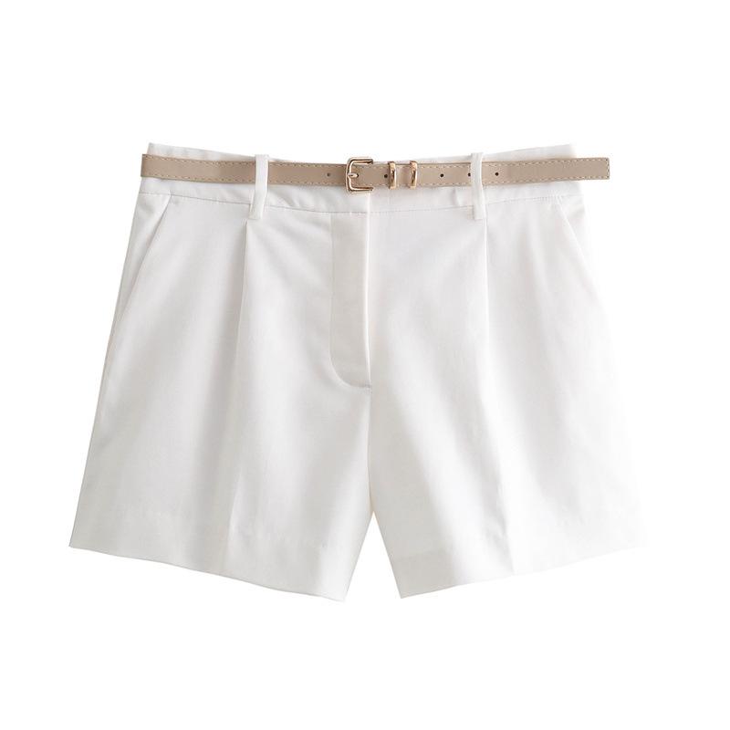 

European & American Women s 2024 Summer Street Style Solid Color Belted Casual Shorts Medium белый