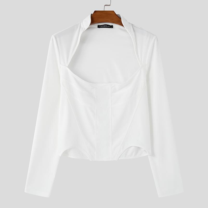 INCERUN Pánské topy s dlouhým rukávem, výstřihem a úzkého střihu, ležérní bodycon krátká trička