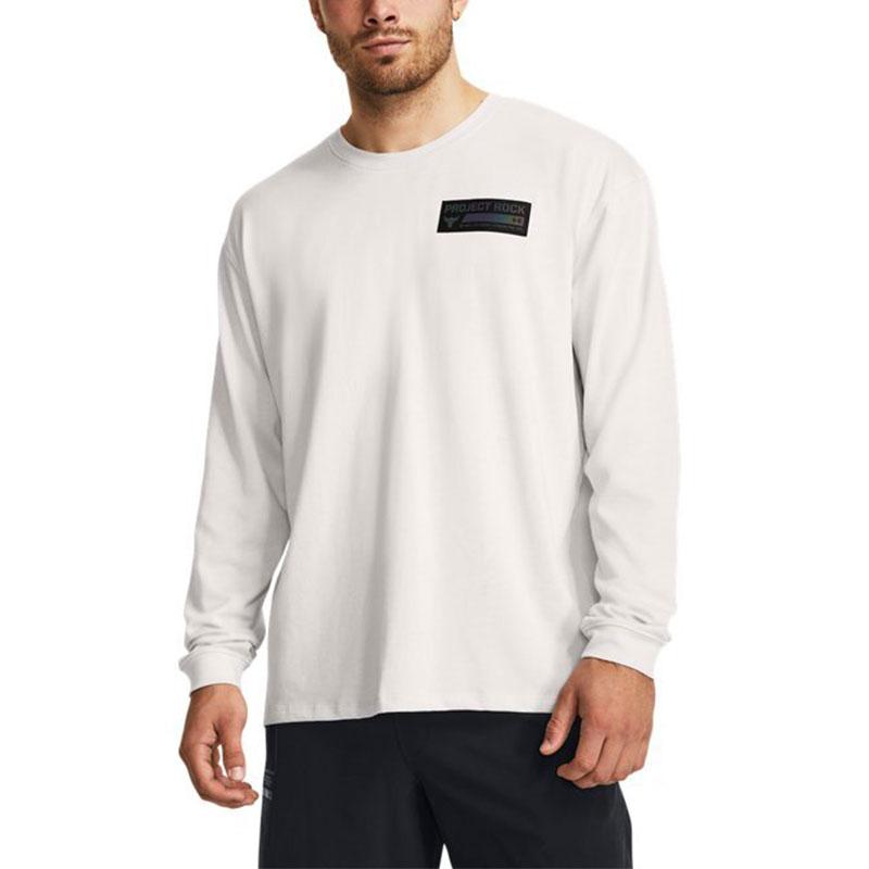 Under Armour Johnson Series Solid Cuffed Training Loose Fit Crew Neck Long Sleeve Drop Shoulder T-Shirt Men Tops White 1380125-114