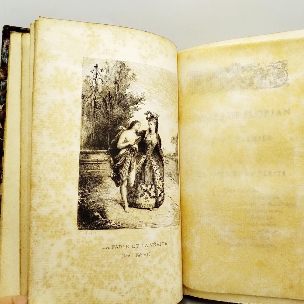[USED] Florian's Fables, French antique book, leather spine, marbled paper, illustrations
