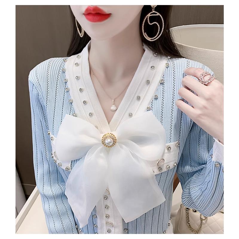Spring Autumn Women Full Sleeve V-neck Luxury Diamond Beading Bowtie Knitted Sweater Single Breasted Cardigans Tops