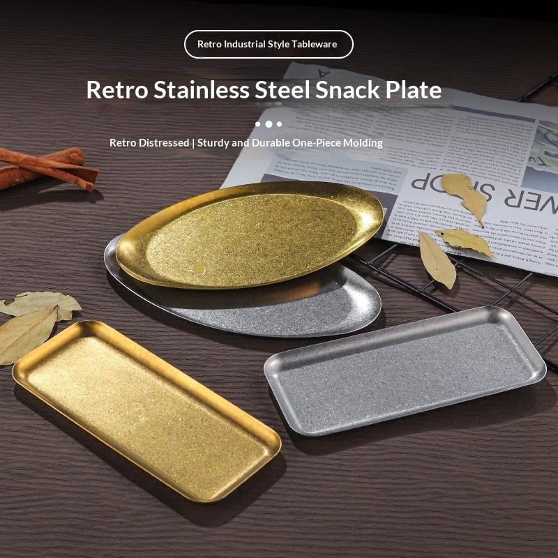 Retro Stainless Steel Trays, Sushi Plates, Snack Plates, Pastry Plates, Oval Shallow Trays, Industrial-Style Tableware