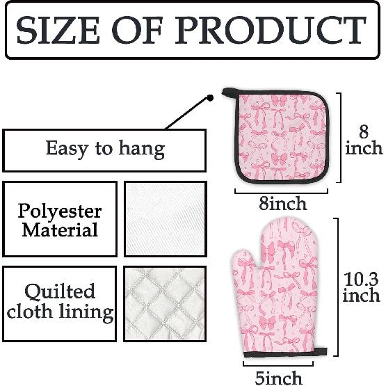 Pink Bow Coquette Decor Oven Mitts and Pot Holders Sets, PinkCoquette Preppy Kitchen Accessories Sets, Pink Ribbon Bow Preppy Heat Resistant Oven
