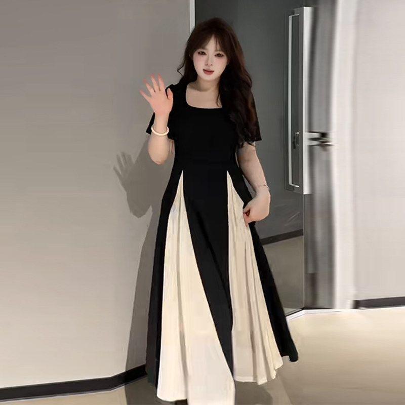 

Plus Size Fancy Pleated Square Collar Long Skirt Summer Plus Size Ladies Slim Looking French Style Design Elegant Big Hem Dress Black Apricot 3XL