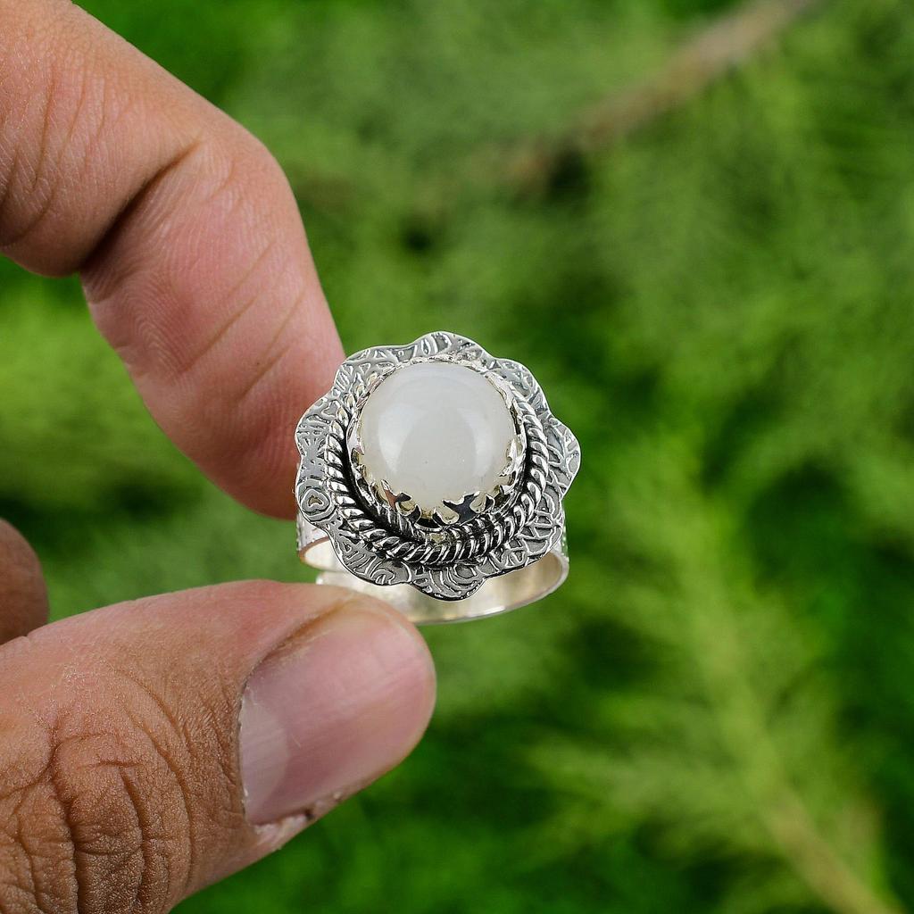 Round Rainbow Moonstone Stone Statement Bezel Stackable Ring 925 Sterling Silver