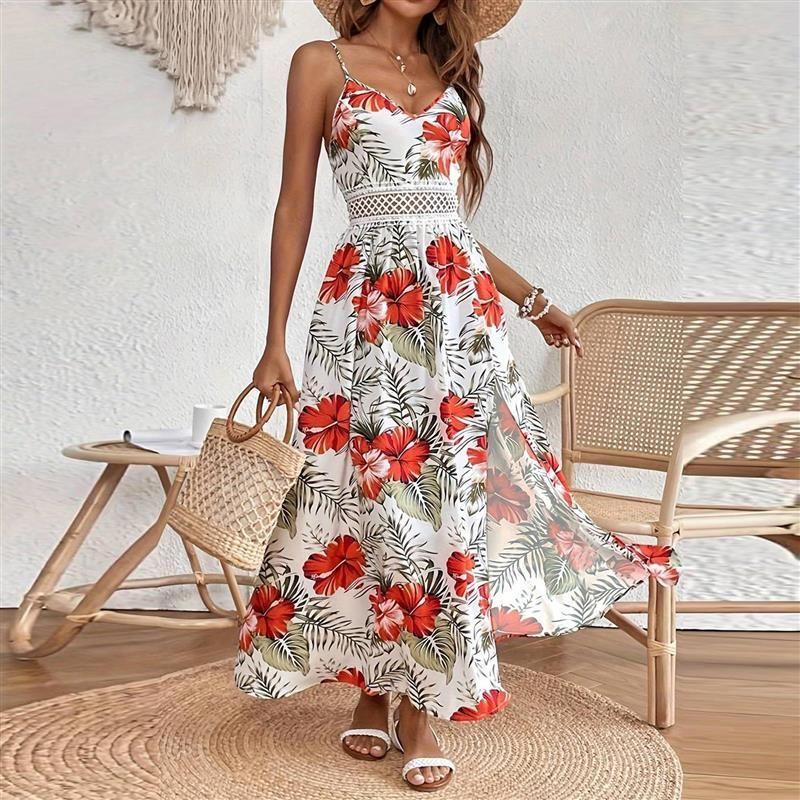 

Women s New Bohemia Chiffon Print Lace Suspender Skirt Summer Burst Length Dress LQ912-bai S