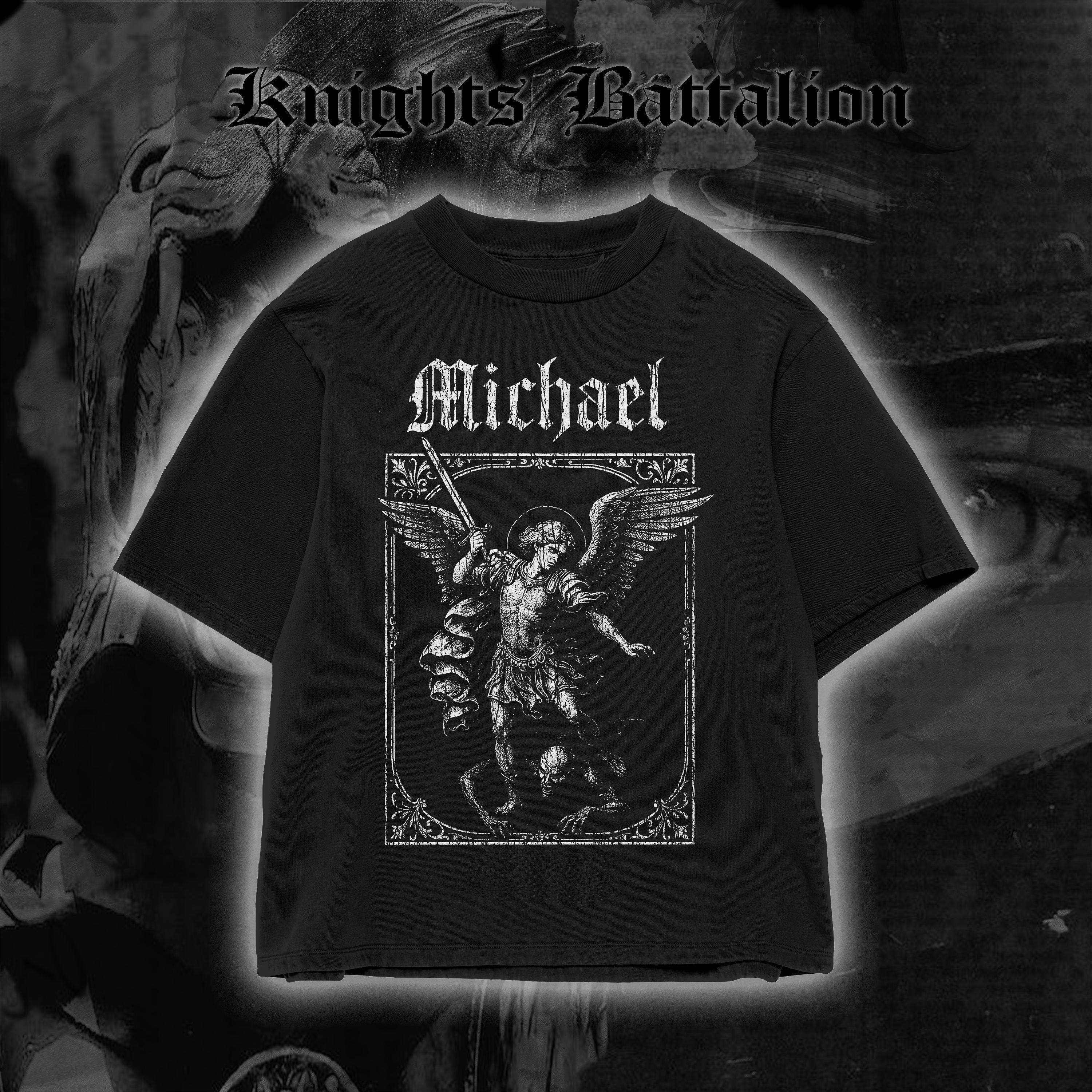 BenberFashion fashion Archangel Michael Tee Vintage Religious Shirt, Gothic Heaven Warrior Print, Unisex Boxy Fit, Dark Gothic Style men tee 4XL