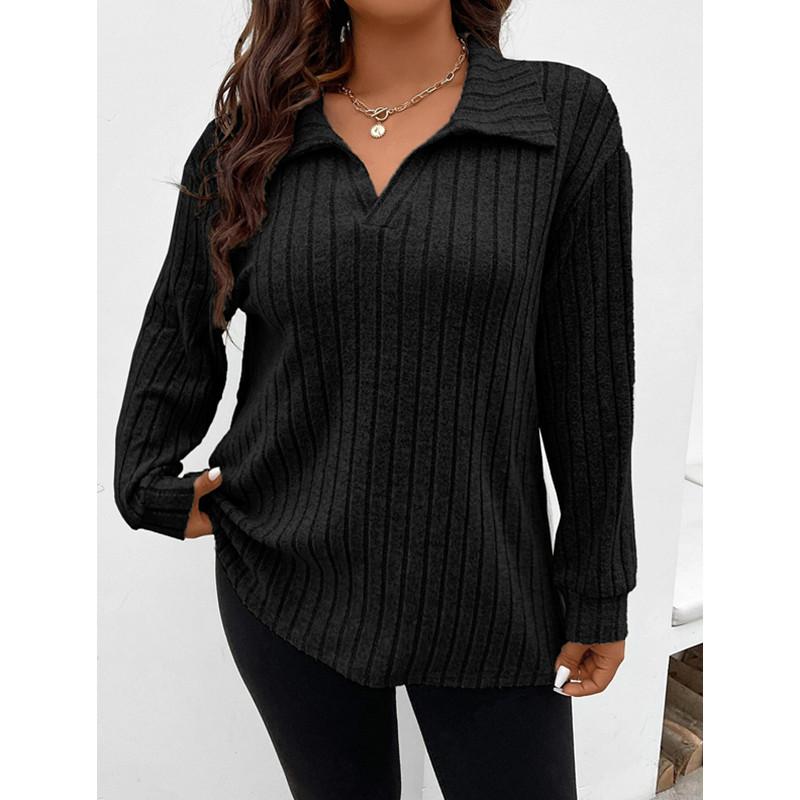 Plus Size Long-Sleeved V Lapel Pullover with Pit Stripes for Autumn and Winter