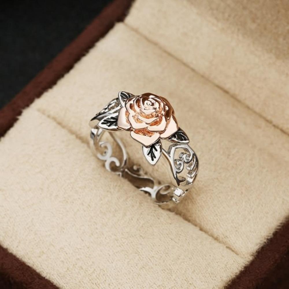 14k Rose Gold Plated Flower Ring Vintage 925 Silver Two Tone Engagement Ring for Women no. 5