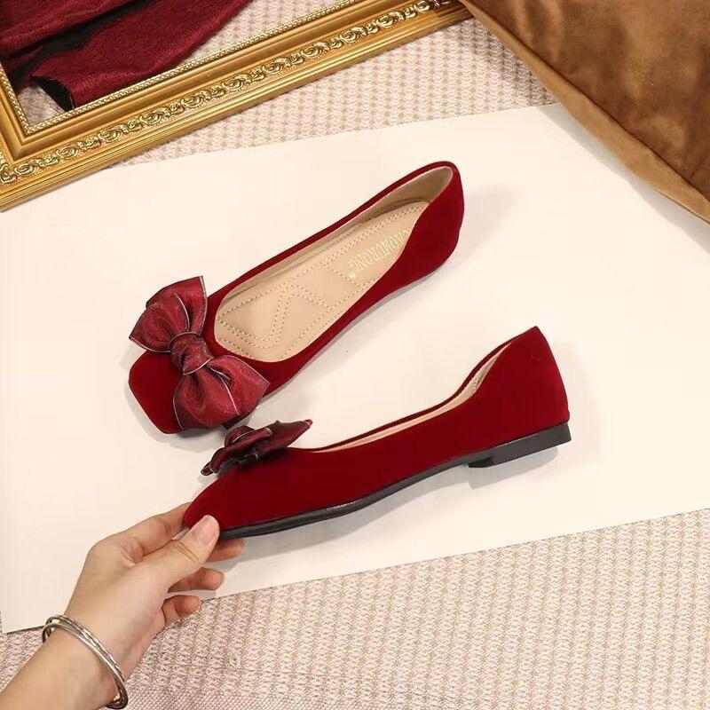 2025 Spring Summer Shoes Women Flats Soft Elegant Woman Boat Shoes Flat Bowknot Single Red Plus Size 42 D307