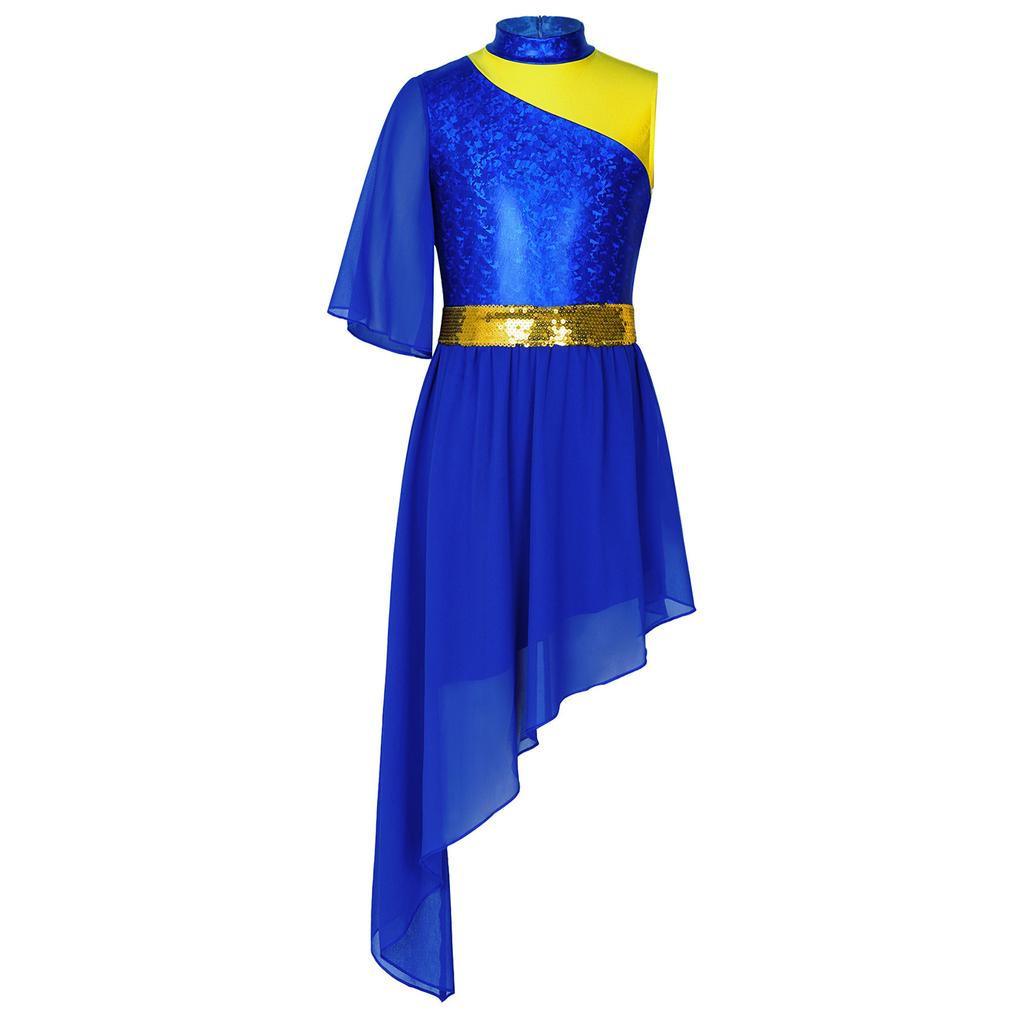 Kids Church Worship Dance Dress Metallic Bodice Asymmetrical Hem Sequin Belt Back Invisible Zipper for Praise Lyrical Stage Performance
