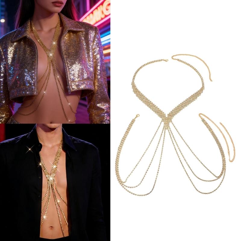 Stylish U Shape Layer Fringe Chest Necklace In Gold And Silver For Wedding Party And Cosplay Outfits