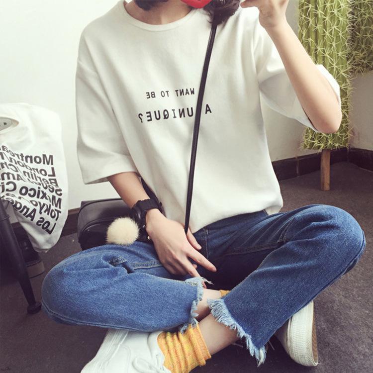 

Новая летняя корейская версия футболки с надписями свободного кроя с коротким рукавом для женщин, одежда с круглым вырезом для студентов, топы для женщин 2XL белый