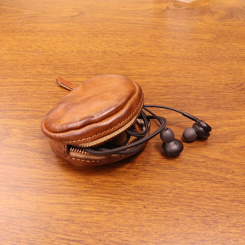 Vegetable Tanned Cowhide Coin Purse, Vintage Handmade Color Polishing, Vintage Round Personalized Coin Bag, Headphone Bag, Compact for Women