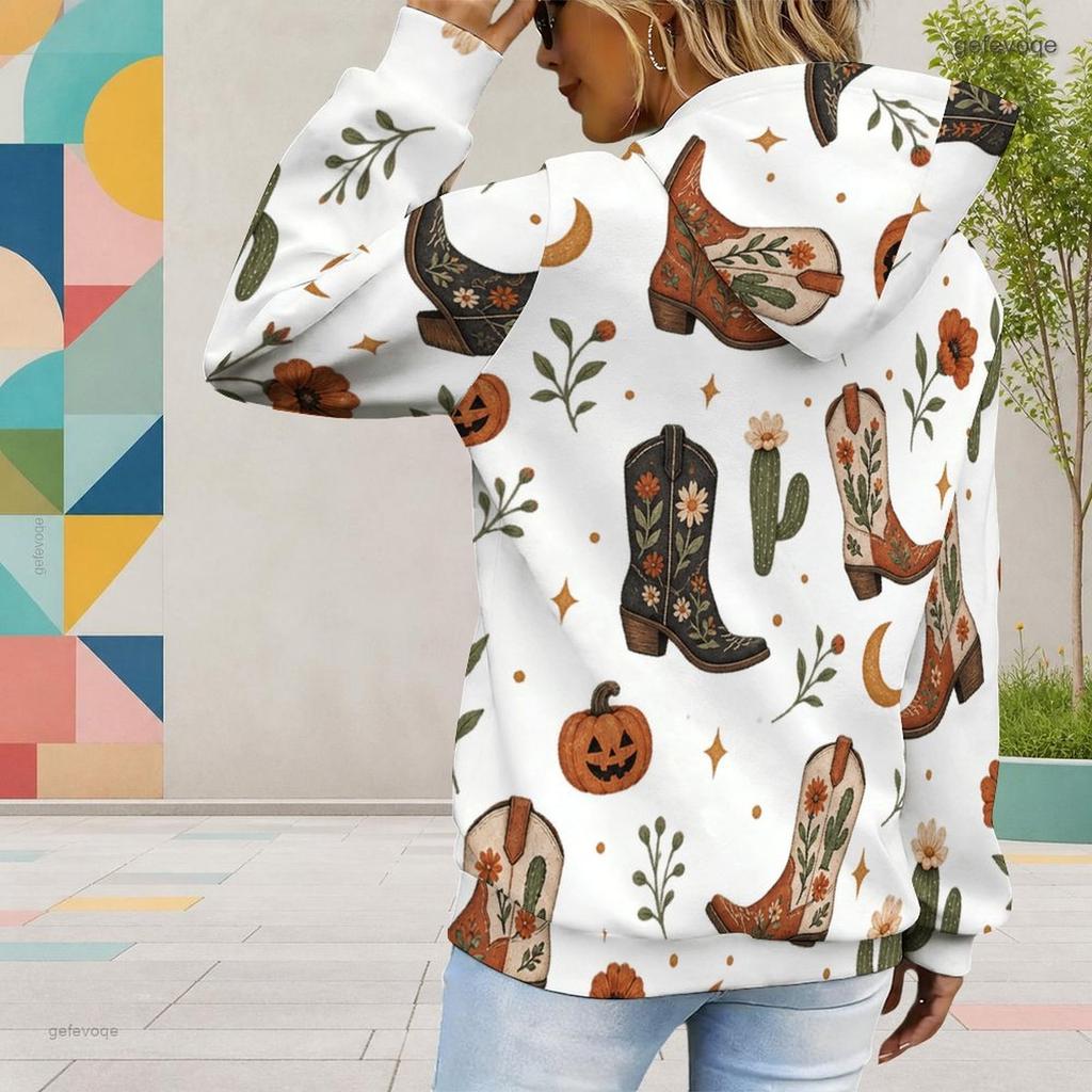 Women Plus Size Cute Cow Cactus Printed White Long Sleeve Drawstring Hoodie Kangaroo Pocket Pullover
