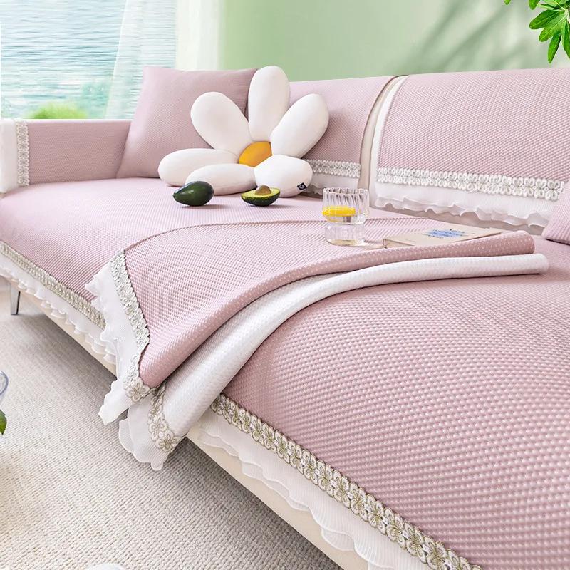 Summer Cooling Couch Cushion White Side AntiSlip Sofa Cover for Living Room Summer Breathable Ice Silk Lace Solid Color Sofa Mat