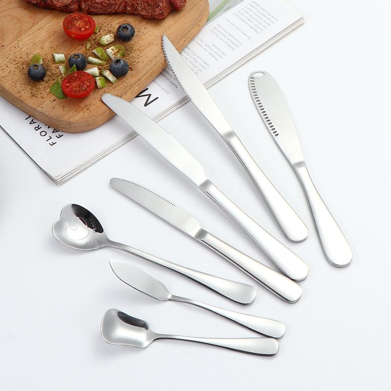 1010 Stainless Steel Western Cutlery Set: Steak Knife, Fork, Spoon, Dessert Spoon, Serving Fork, and Ice Spoon.