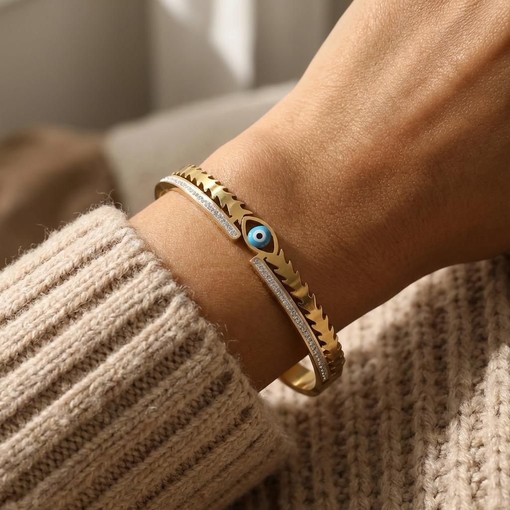 Rinhoo Stainless Steel Bracelet for Women Luxury Zircon Evil Eye Open Bangles Waterproof Jewelry Lucky Amulet Gift