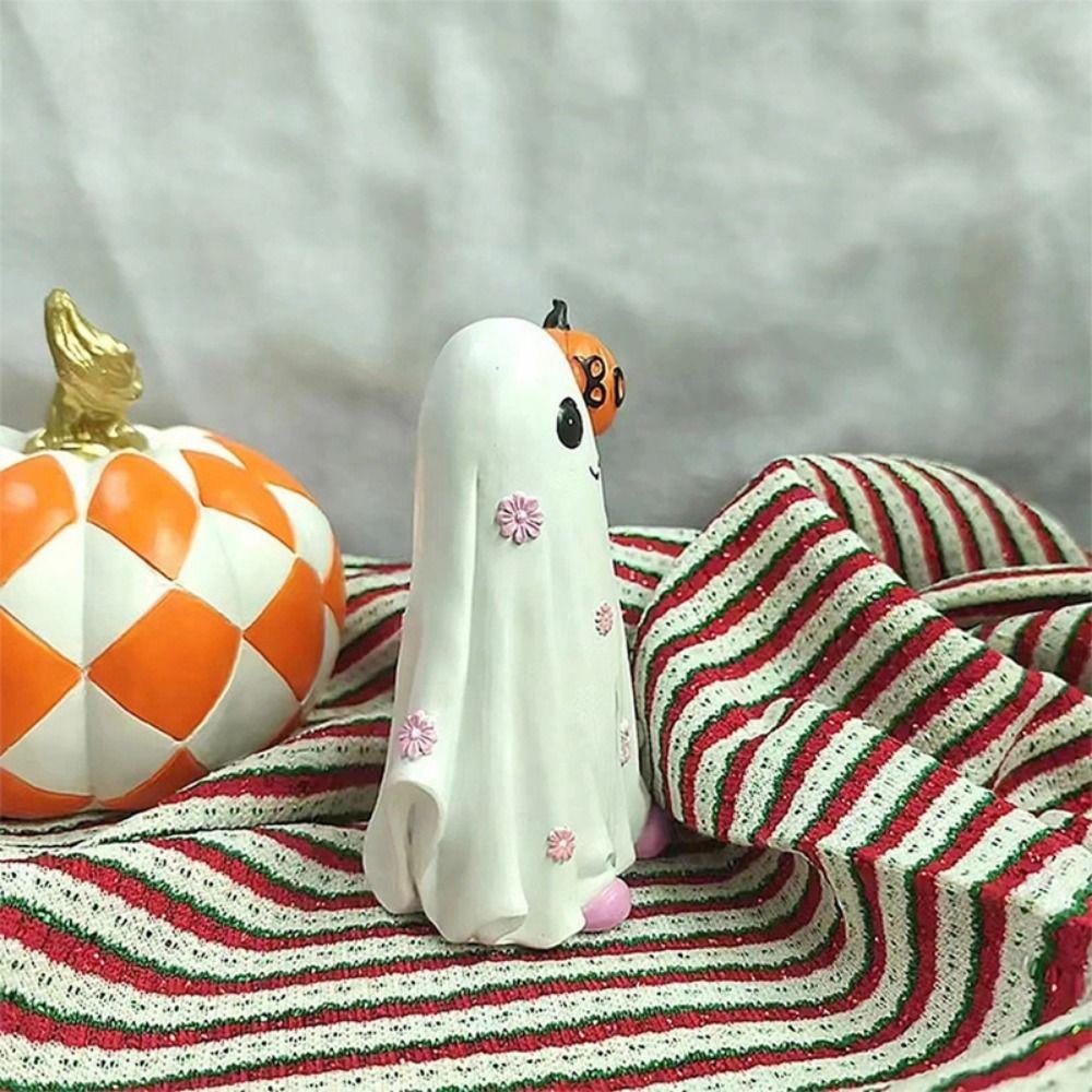Cartoon Ghost Hold Pumpkin Sculpture Mini Resin Ghost Ornament Halloween Ghost Figurine  Desktop