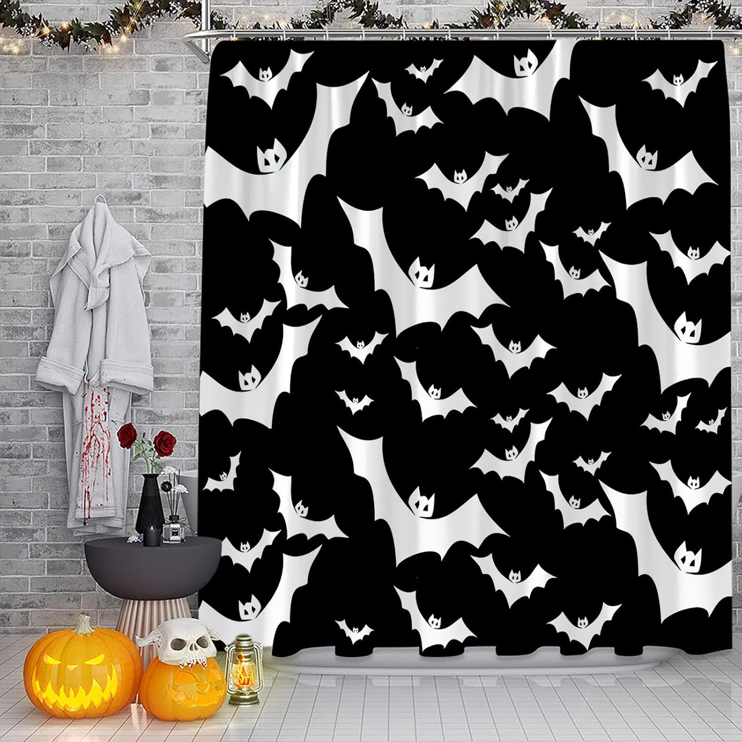 

Spooky Halloween Shower Curtain Gothic Horror Halloween Black Bats Pink Funny Happy Holiday Fabric Bathroom Decor Curtain W60H190(CM)-1 Pcs