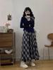 Amber Academics: Bowknot Long Sleeve Top & Retro Plaid Skirt Set