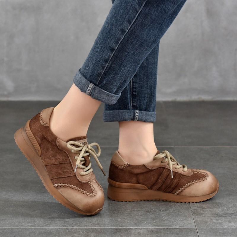 Johnature Handmade Flats Mixed Colors Lace-up Shoes Genuine Leather Casual Women's Shoes Versatile Sneakers