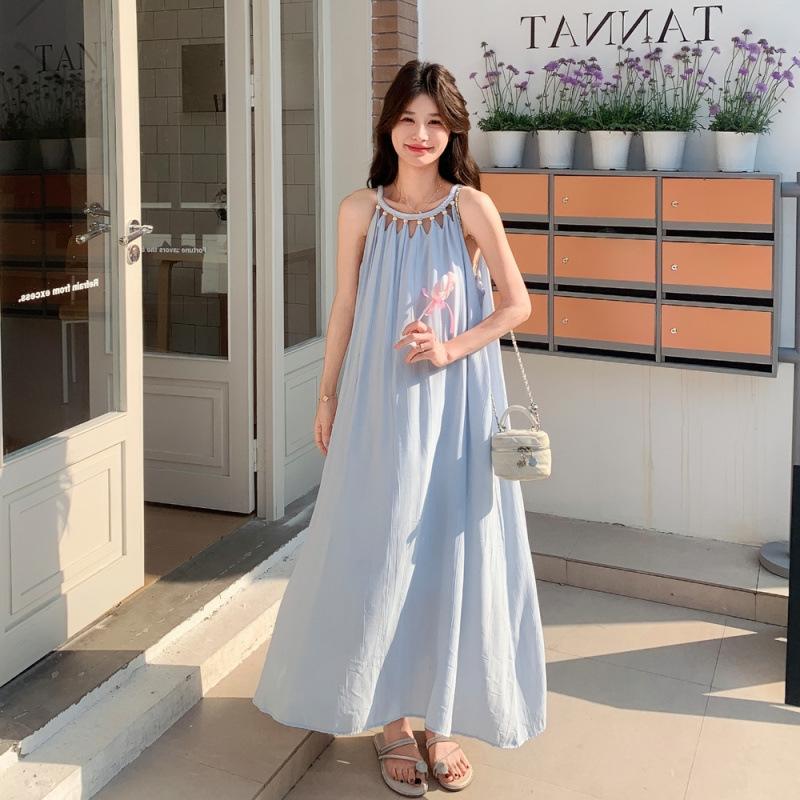 Blue Small Fresh Seaside Romantic Long Dress Summer New Romantic Neck Dress Women