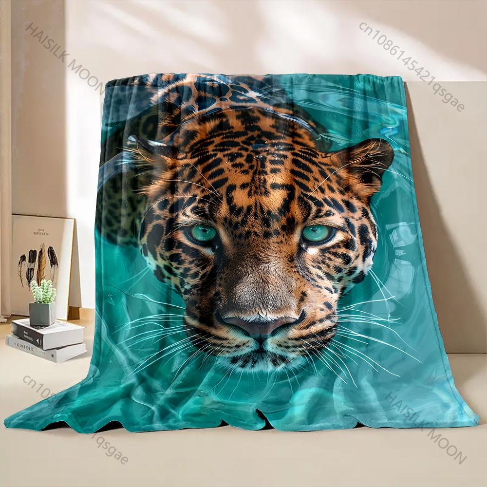 1PC Leopard staring in water Print Blanket Warm Soft Fluffy Kids and Adult Sofa Bed Throw Blanket for Home Travel Camping RV 75X95CM