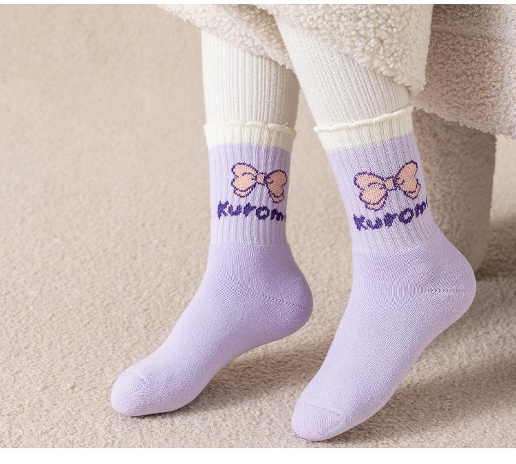 Kuromi Girls' Thick Winter Cotton Socks - Plus Velvet, Warm Terry for Autumn & Winter