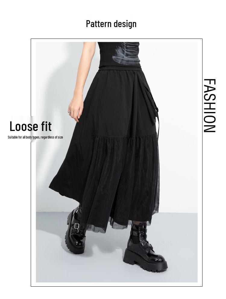 Dark Style A-Line Mesh Patchwork Skirt: Casual, Mid-Length, Elastic Waist, Irregular Flare
