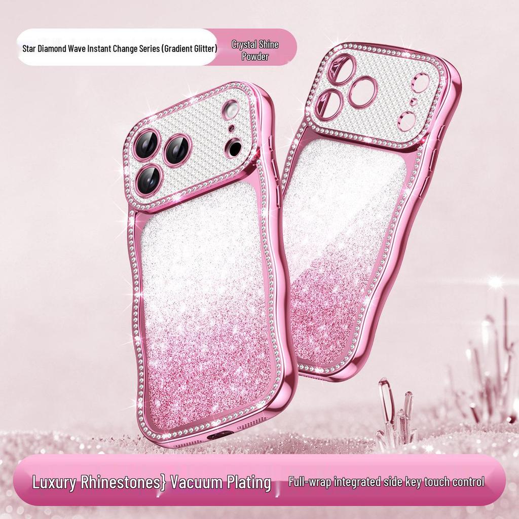 Apple 17 Pro Max Glitter Wave Gradient Case for iPhone 16: Rhinestone Protective Cover, High-End Feel, Compatible with iPhone 15.