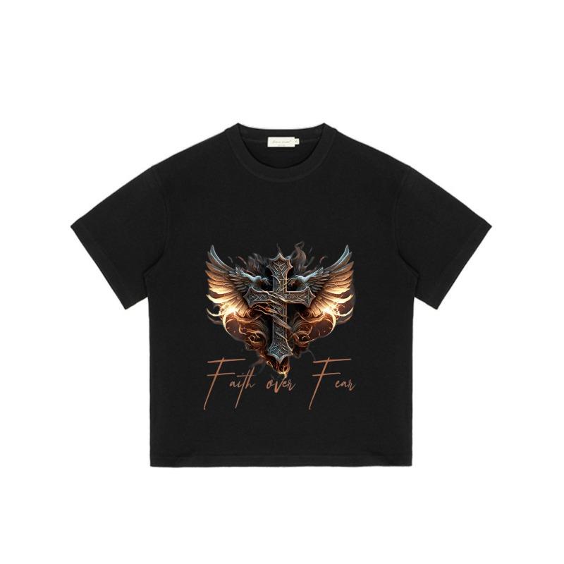 Faith Over Fear T Shirt Black Cross with Wings and Flames Design for Men Casual Wear Streetwear Fashion Statement Top
