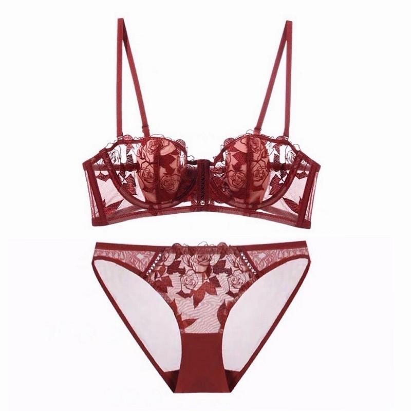 Women's Sexy Lingerie Rabbit Ears Cup Flower Embroidery Lace Underwear Soft Steel Ring Large Breasts Show Small Bra Set