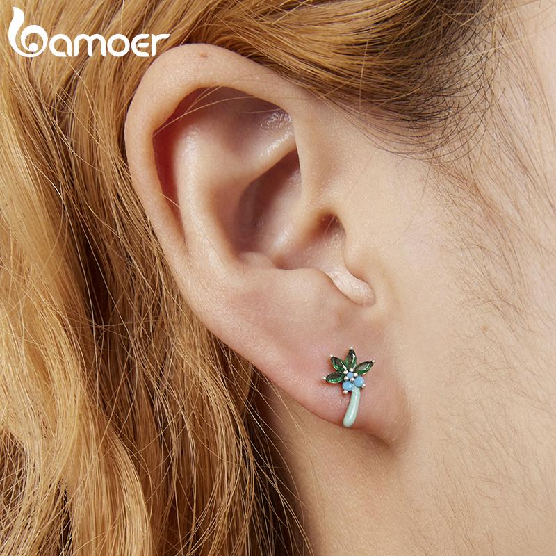 BAMOER 925 Sterling Silver Coconut Tree Stud Earrings for Women Green Zirconium Piercing Earrings Fine Jewelry Wedding Gift