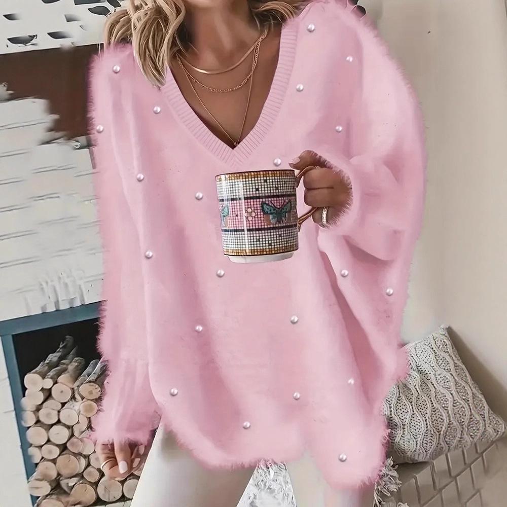 2025 A/W V-Neck Beaded Solid Color Sweater for Women
