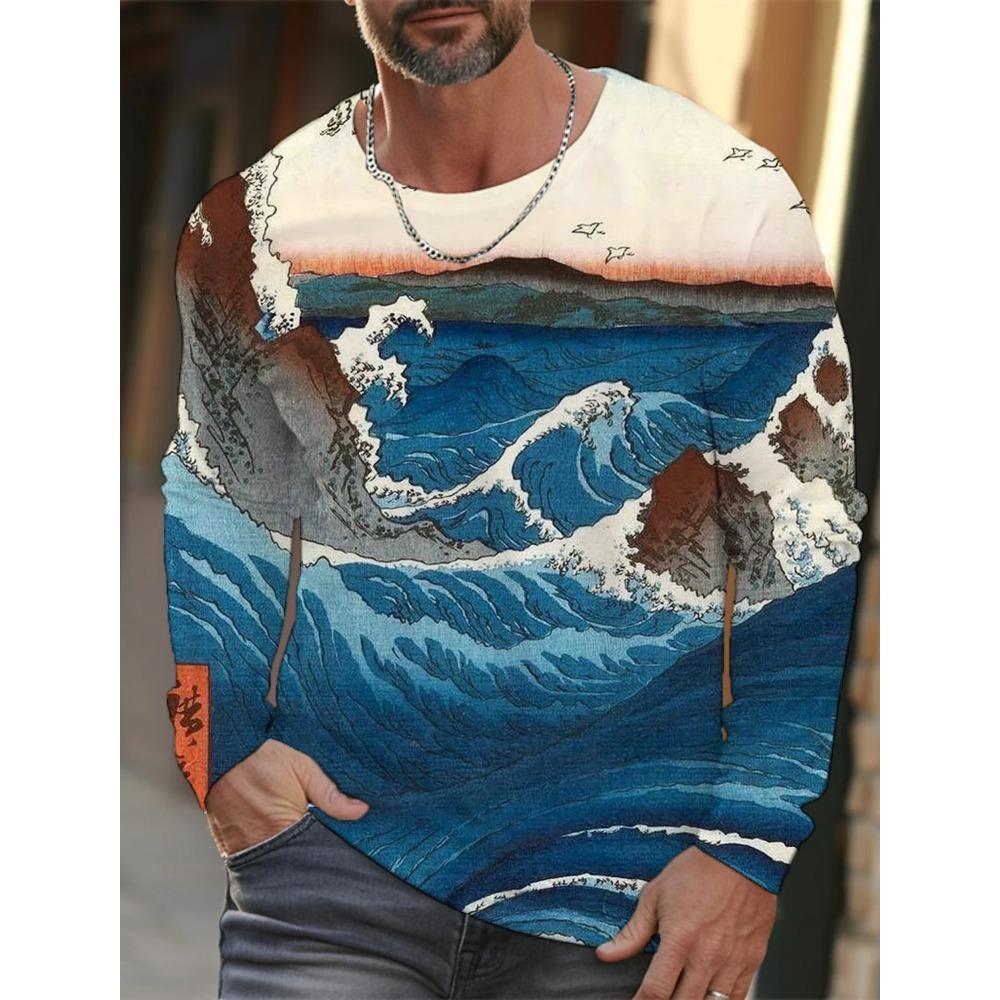 Spring and Autumn Round Neck 3D Ukiyoe  Printed Top Fashionable Casual Long Sleeved Men's T-shirts