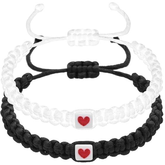 Caiyao 2Pcs Handmade Pinky Promise Heart Braided Bracelets Black White Love heart Matching Bracelets Adjustable Couples Friendships Long Distance