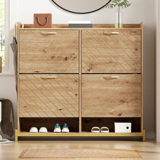 Modern Shoe Rack in Wood Look, 4-Door Shoe Cabinet, Space-Saving Shoe Cabinet for Entrance Areas, Hallways, or Corridors, Sturdy and
