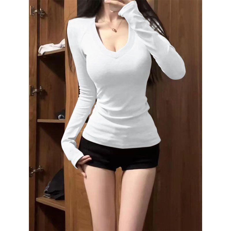 

Purely Sensual V-Neck Ins-Style Long-Sleeve T-Shirt for Women, 2025 Light Gray Slim-Fit Flattering Base Layer Top for Hot Girls White [Regular Style] S