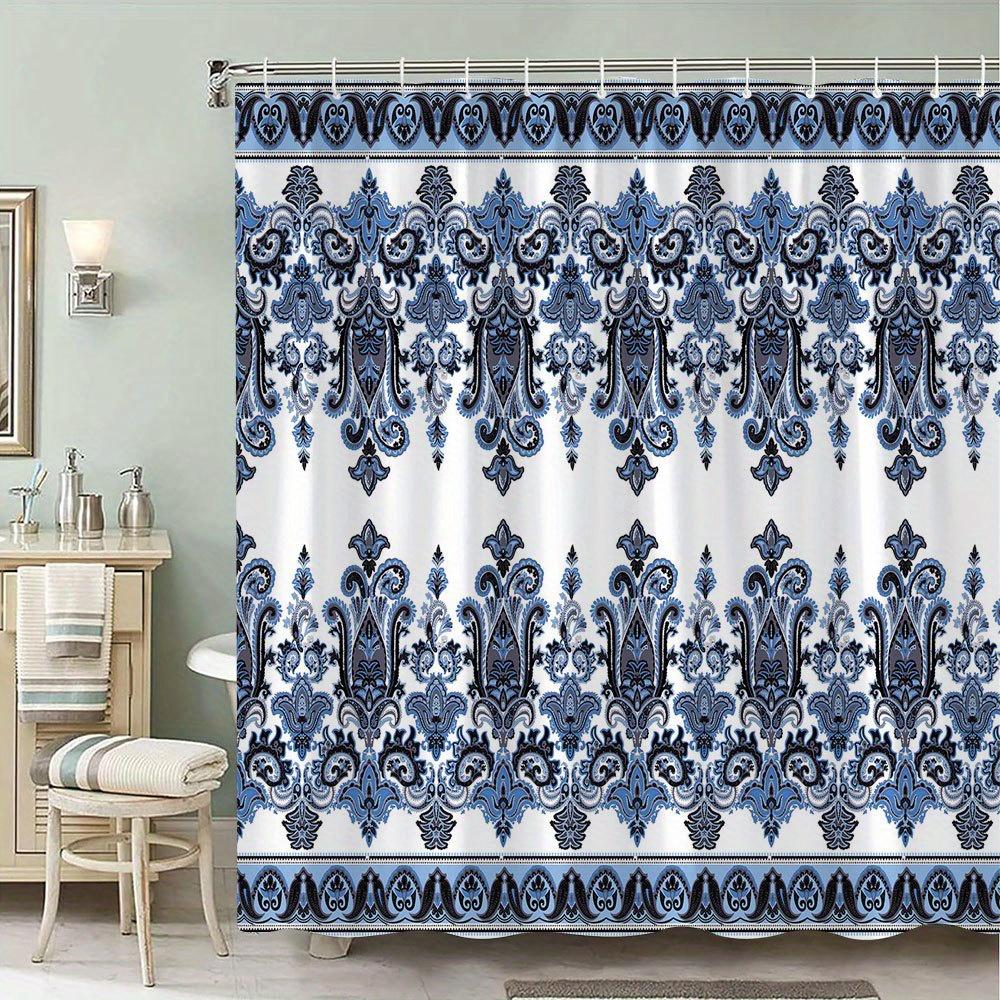 

1 шт. Шторка для душа с плиткой Azulejo - Сине-черный дизайн пейсли, Португальское керамическое искусство, Полиэстер, 70x70 , 12 крючков W90XH180cm